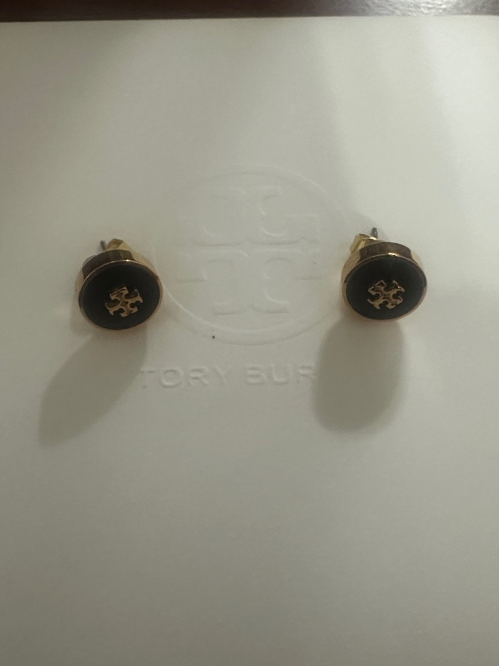 Tory Burch Black and Gold Logo Stud Earrings - Round Emblem